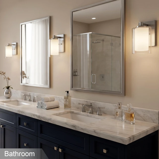 Alt view image 9 of 14 - Wall Sconces Set of Two, Modern Brushed Nickel Vanity Wall Lights Double Clear Glass Shades With E26 Base, Farmhouse Wall Lights For Bathroom, Bedroom, Living Room, Mirror And Hallway
