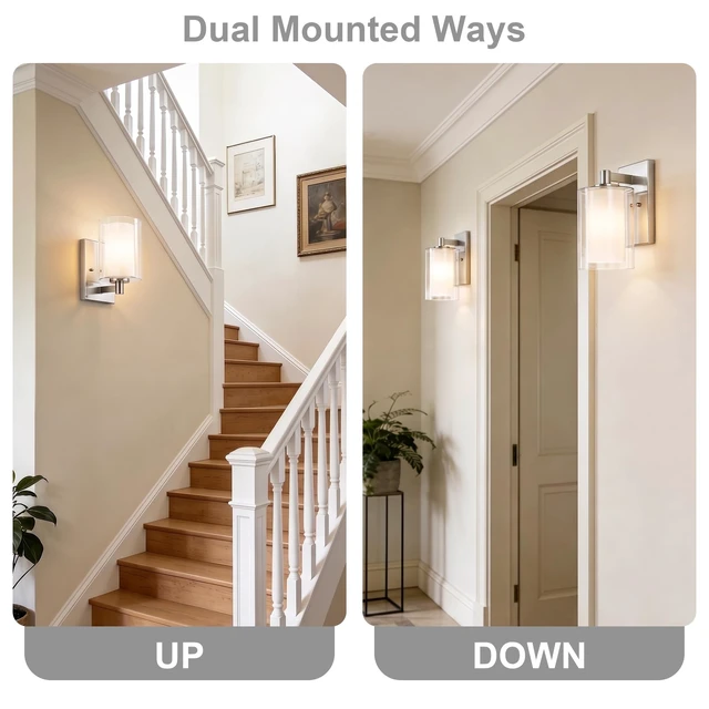Alt view image 13 of 14 - Wall Sconces Set of Two, Modern Brushed Nickel Vanity Wall Lights Double Clear Glass Shades With E26 Base, Farmhouse Wall Lights For Bathroom, Bedroom, Living Room, Mirror And Hallway