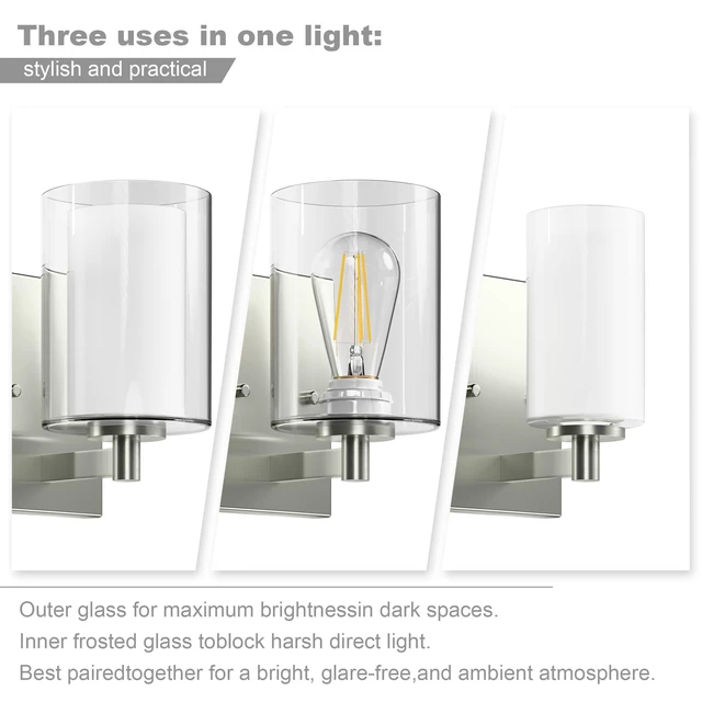 Alt view image 14 of 14 - Wall Sconces Set of Two, Modern Brushed Nickel Vanity Wall Lights Double Clear Glass Shades With E26 Base, Farmhouse Wall Lights For Bathroom, Bedroom, Living Room, Mirror And Hallway
