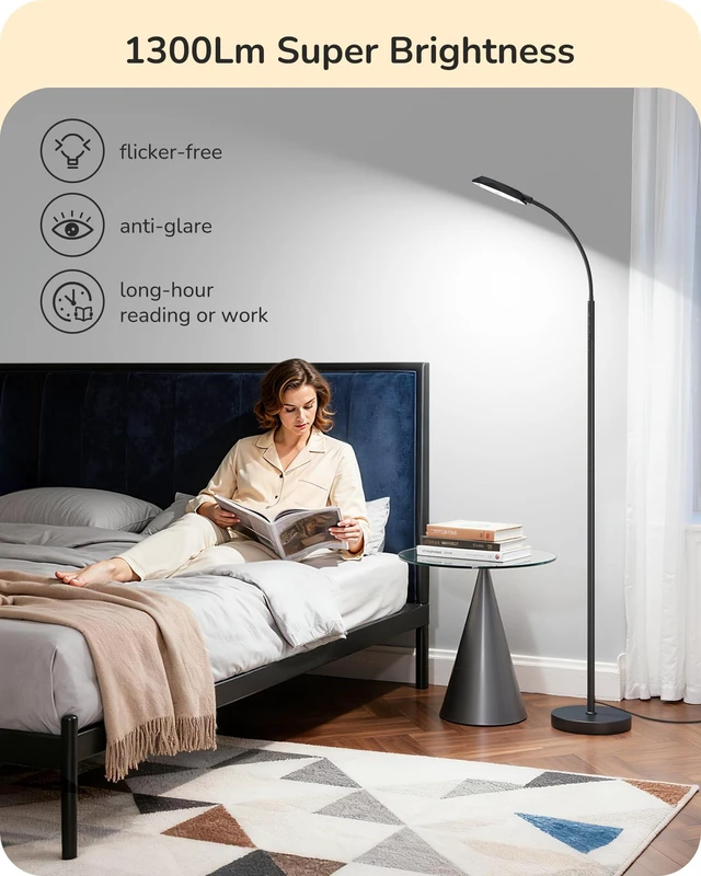Alt view image 11 of 14 - LED Floor Lamp 1300LM Super Bright Reading Floor Lamps Black Dimmable, 4CCT, Remote & Touch Control, Adjustable Gooseneck, Dual Timer Design, for Bedroom, Living Room, Office