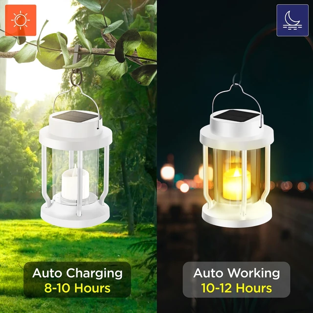 Alt view image 4 of 6 - Solar Lantern Outdoor & Indoor Use Hanging Solar Lights with Realistic Flickering Flameless Candle, Weatherproof for Gardens, Patios, Trees, and Lawns (White, 4 Pack)
