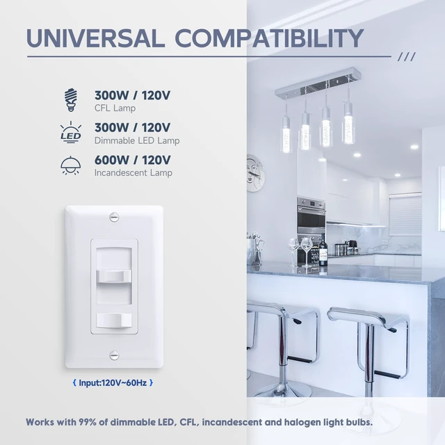 Alt view image 10 of 14 - Slide Dimmer Light Switch, Single Pole/3-Way Rocker Dimmer, 4 Pack Full Range Slide Control Dimmer Switches for 300W LED/CFL or 600W INC/HAL Bulbs, No Neutral Wire Required, ETL Listed, White