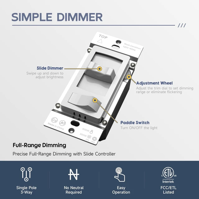 Alt view image 9 of 14 - Slide Dimmer Light Switch, Single Pole/3-Way Rocker Dimmer, 4 Pack Full Range Slide Control Dimmer Switches for 300W LED/CFL or 600W INC/HAL Bulbs, No Neutral Wire Required, ETL Listed, White