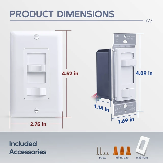Alt view image 12 of 14 - Slide Dimmer Light Switch, Single Pole/3-Way Rocker Dimmer, 4 Pack Full Range Slide Control Dimmer Switches for 300W LED/CFL or 600W INC/HAL Bulbs, No Neutral Wire Required, ETL Listed, White