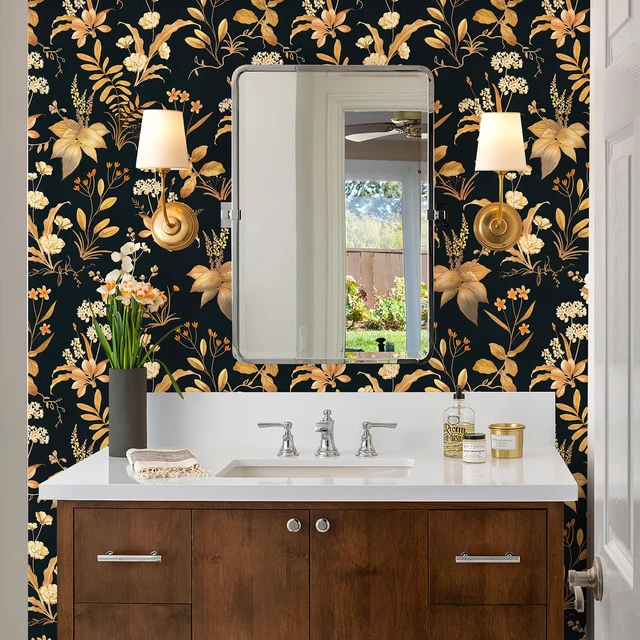 Alt view image 8 of 14 - Vintage Floral Peel and Stick Wallpaper 17.3" x 480" Black Gold Botanical Contact Paper, Removable Wall Paper, Renter Friendly, for Cabinets, Furniture, DIY Decor