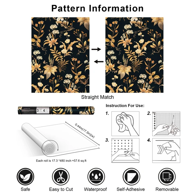 Alt view image 14 of 14 - Vintage Floral Peel and Stick Wallpaper 17.3" x 480" Black Gold Botanical Contact Paper, Removable Wall Paper, Renter Friendly, for Cabinets, Furniture, DIY Decor