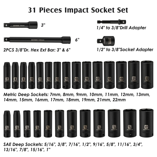 Alt view image 9 of 14 - 3/8" Drive Deep Impact Socket Set, 6 Point, 31 Piece SAE and Metric Socket Set, 7-22mm, 5/16"-1", Cr-V Steel Mechanic Socket Set
