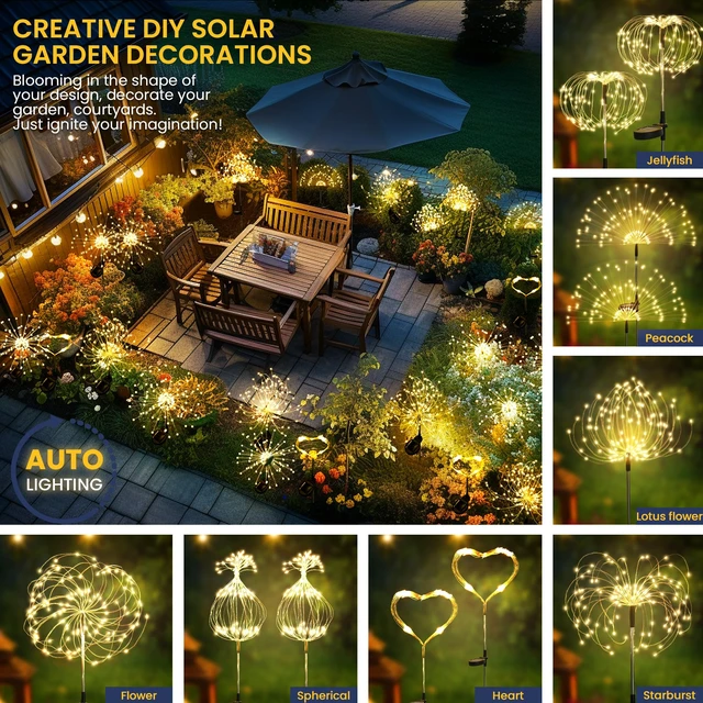Alt view image 9 of 14 - 6 Pack Solar Firework Lights Outdoor, Garden Decor, Warm White 120 LEDs, Fairy Design, Waterproof, Garden Decor, Solar Powered for Yard, Pathway, Flowerbed, Planter, Balcony, Gifts for Mom