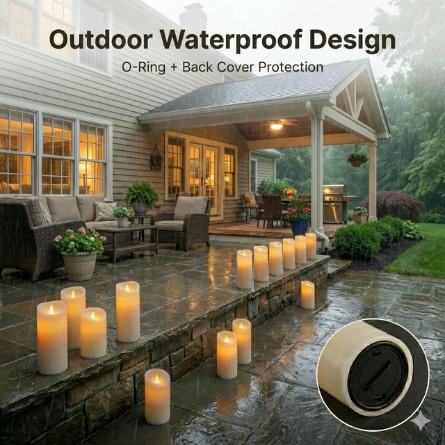 Alt view image 10 of 14 - Set of 24 Slim Outdoor LED Candles, Battery Operated Flickering Fake Candles with 10-Key Timers for Patio & Porch Decor, 2.2 Inch Diameter Waterproof Resin Pillars for Large Events & Sconces (White)