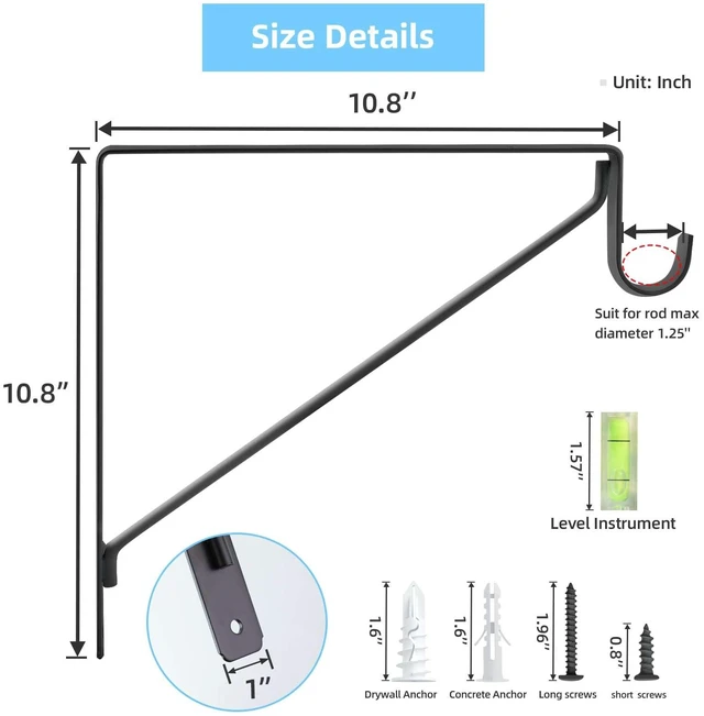 Alt view image 9 of 14 - 10-Pack Closet Rod Bracket, 10.8x10.8Inch Closet Shelf Brackets Heavy Duty Wall Mounted, Matte Black Steel Closet Rod Support Brackets Holder, 300 Lbs Load Capacity with Anchors Screws