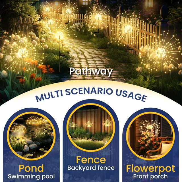 Alt view image 12 of 14 - 6 Pack Solar Firework Lights Outdoor, Garden Decor, Warm White 120 LEDs, Fairy Design, Waterproof, Garden Decor, Solar Powered for Yard, Pathway, Flowerbed, Planter, Balcony, Gifts for Mom