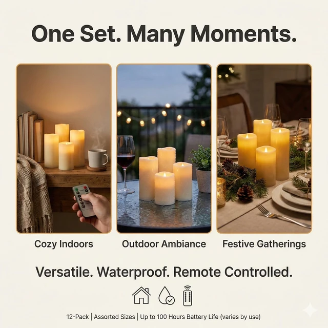 Alt view image 14 of 14 - Set of 24 Slim Outdoor LED Candles, Battery Operated Flickering Fake Candles with 10-Key Timers for Patio & Porch Decor, 2.2 Inch Diameter Waterproof Resin Pillars for Large Events & Sconces (White)