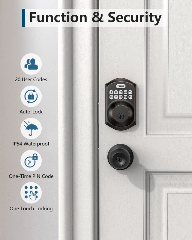 Alt view image 12 of 14 - TE001 Keyless Entry Deadbolt with Keypad for Front Door, Bronze ANSI Grade 3 Security, 20 User Codes, Low Battery Alert, IP54 Waterproof, One Touch Lock, Anti-Peep Password & 2 Backup Keys