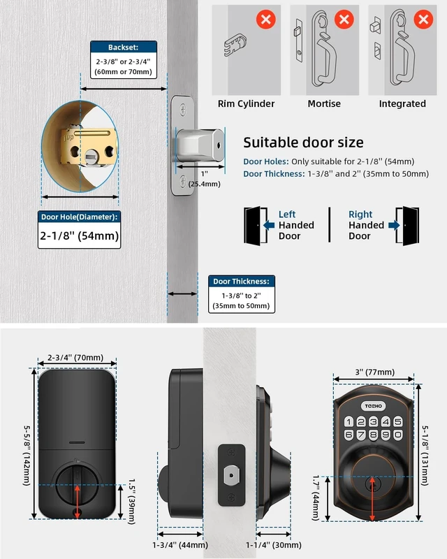 Alt view image 13 of 14 - TE001 Keyless Entry Deadbolt with Keypad for Front Door, Bronze ANSI Grade 3 Security, 20 User Codes, Low Battery Alert, IP54 Waterproof, One Touch Lock, Anti-Peep Password & 2 Backup Keys