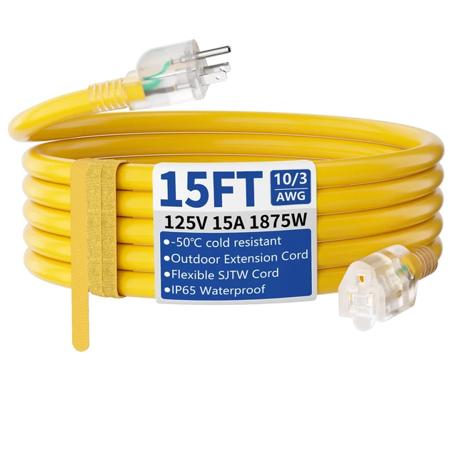 Alt view image 8 of 14 - 15ft Outdoor/Indoor Extension Cord with Lighted 10/3 Gauge Yellow 3 Prong, Heavy Duty, SJTW, Waterproof, Flexible Cold-Resistant extension cord for Home, Work or Construction, 15A 125V 1875W