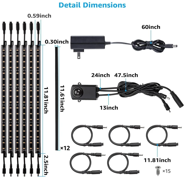 Alt view image 13 of 14 - 6pcs 12 Inch LED Safe Lighting Kit, Motion Sensor, 3000K UL Power Adapter, Input 100-240V, Linkable Gun Safe Light Bars, 900LM, for Under Cabinet Locker Closet Showcase, Warm White