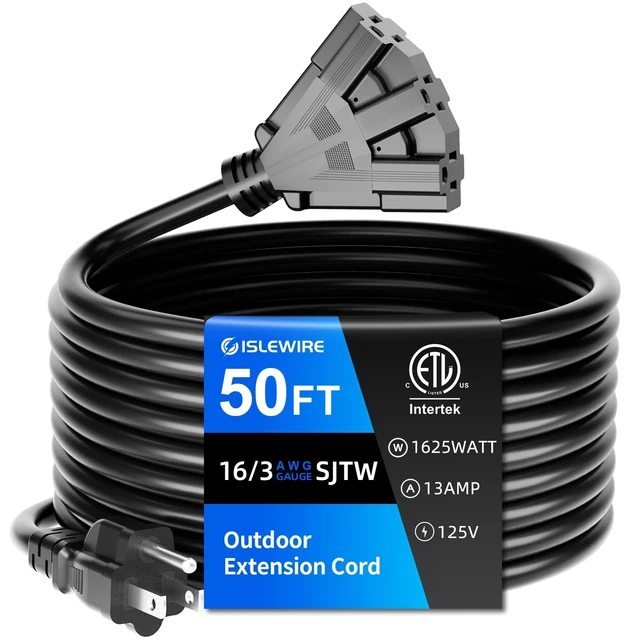 Alt view image 8 of 14 - 50 FT 3 Outlet Outdoor Extension Cord Waterproof, 16/3 SJTW Black Extension Cord with Multiple Outlets, Heavy Duty 16 Gauge 3-Prong Grounded Power Cable for Garden and Home Use, ETL Listed