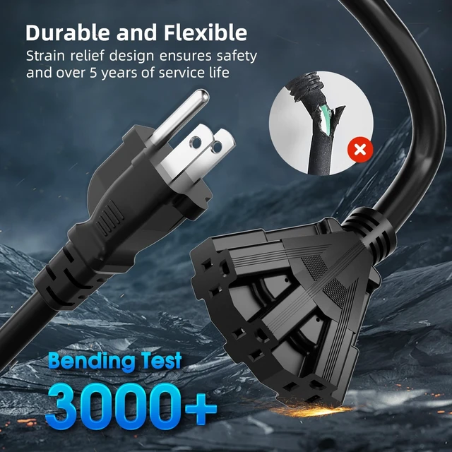 Alt view image 9 of 14 - 50 FT 3 Outlet Outdoor Extension Cord Waterproof, 16/3 SJTW Black Extension Cord with Multiple Outlets, Heavy Duty 16 Gauge 3-Prong Grounded Power Cable for Garden and Home Use, ETL Listed