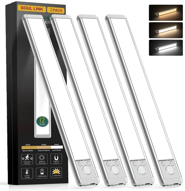 Alt view image 8 of 14 - 4-Pack 12" 88-LED Motion Sensor Under Cabinet Lights, Wireless Button control, 2200mAh rechargeable batteries, magnetic mounting, dimming and 3 color modes for kitchen or closet