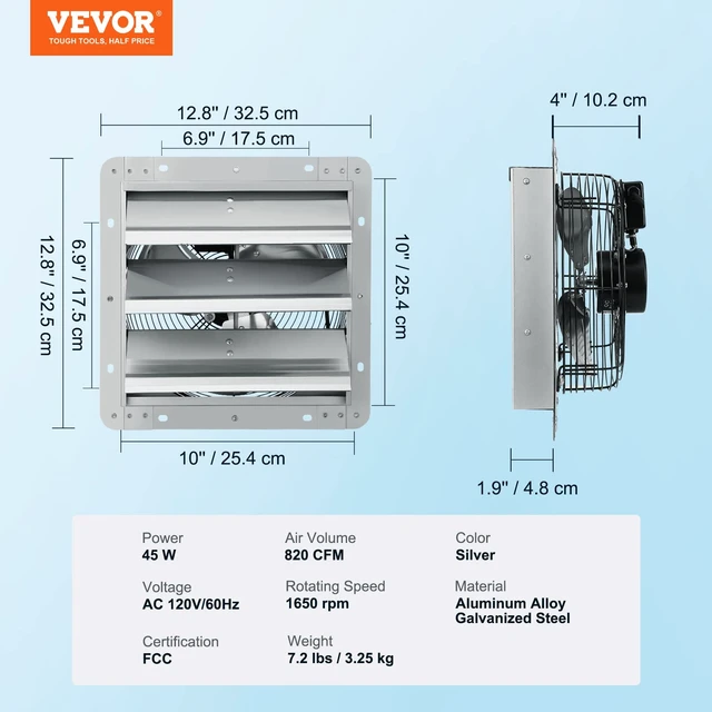 Alt view image 14 of 14 - 10'' Shutter Exhaust Fan, High-speed 820 CFM, Aluminum Wall Mount Attic Fan with AC-motor, Ventilation and Cooling for Greenhouses, Garages, Sheds, Shops, FCC