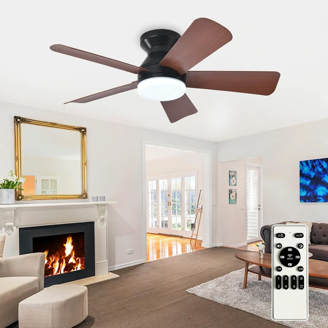 Alt view image 8 of 14 - Modern Ceiling Fan with Light: 35-Inch Black Small Fans for Bedroom Indoor Outdoor - Dimmable Low Profile Ceiling Fans with Remote Control Flush Mount 5 Reversible Walnut Blades 6 Speeds Timer
