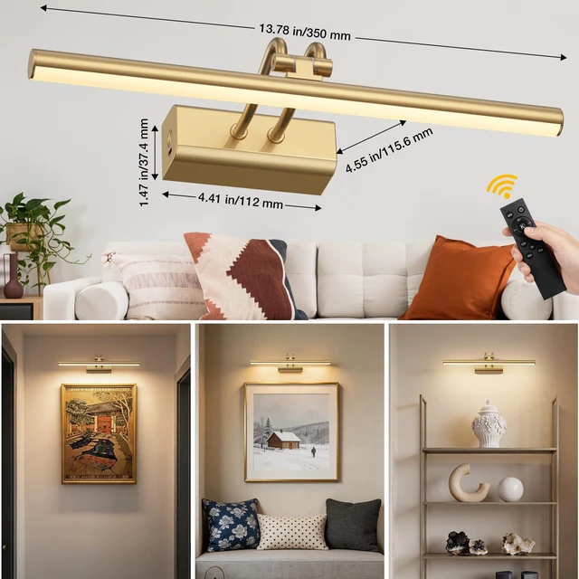 Alt view image 8 of 12 - Battery Operated Wall Light, Set of 2, Gold, RF Remote Control 13.8'' 4000mAh Cordless,Gold Wall Light, Magnetic for Easy to Charge,Timers, Display for Gallery Living Room Bedroom