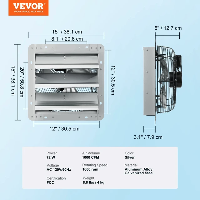 Alt view image 14 of 14 - 12 Inch Shutter Exhaust Fan Wall Mounted 1347 CFM Automatic Louvers, Sturdy Steel Housing, Low Noise, AC Motor, Ventilation and Cooling for Attic, Garage, Barn, Greenhouse, Workshop, Silver