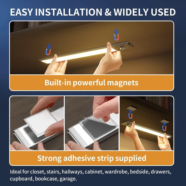 Alt view image 14 of 14 - 6-Pack 9.5" 76-LED Motion Sensor Under Cabinet Lights, Wireless Button control, 1500mAh rechargeable batteries, magnetic mounting, dimming and 3 color modes for kitchen or closet