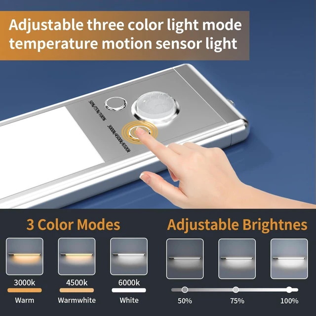 Alt view image 10 of 14 - 6-Pack 9.5" 76-LED Motion Sensor Under Cabinet Lights, Wireless Button control, 1500mAh rechargeable batteries, magnetic mounting, dimming and 3 color modes for kitchen or closet