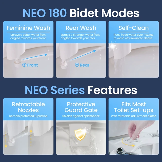Alt view image 10 of 14 - NEO 180 - Non-Electric Bidet Attachment for Toilet Seat, Blue Dual Nozzle, Self-Cleaning, Adjustable Water Pressure, Rear & Feminine Wash, with Lever Control