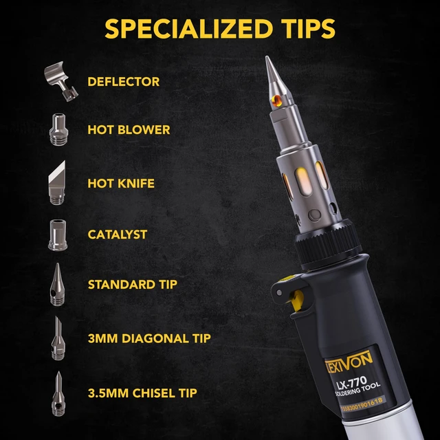 Alt view image 10 of 14 - Butane Soldering Iron Multi-Purpose Kit | Cordless Self-Igniting Adjustable Flame 7-Tip Set | Pro Grade 125-Watt Equivalent (LX-770)