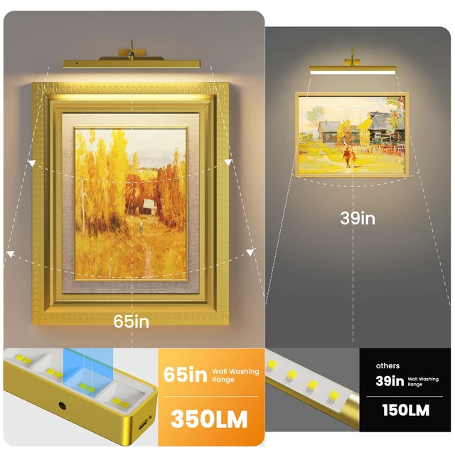 Alt view image 9 of 14 - Picture Light Gold 2Pack, 5000mAh Battery Opertated Cordless Picture Lights for Wall, 16in CCT Dimmable with Touch Control for Wall Painting,Frame, Portrait, Dartboard