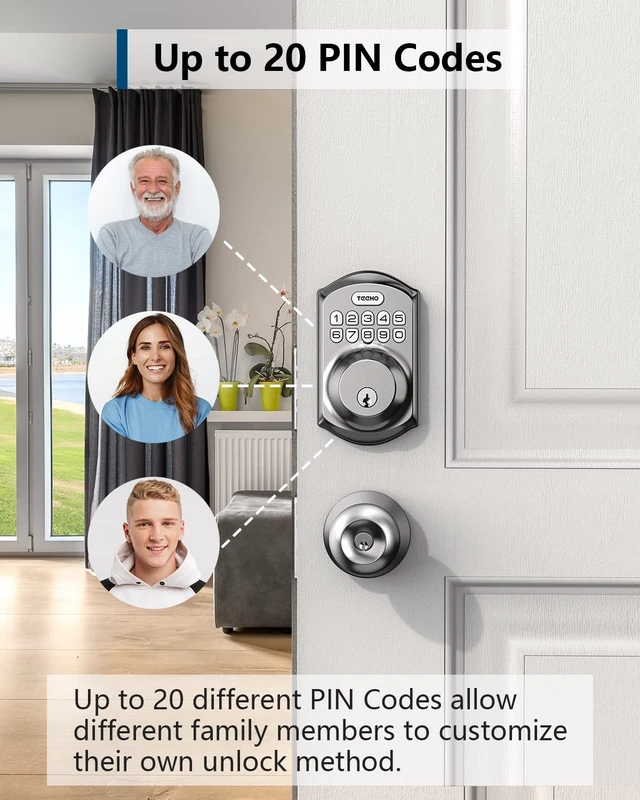 Alt view image 9 of 14 - TE001 Keyless Entry Deadbolt with Keypad for Front Door, Satin Nickel ANSI Grade 3 Security, 20 User Codes, Low Battery Alert, IP54 Waterproof, One Touch Lock, Anti-Peep Password & 2 Backup Keys