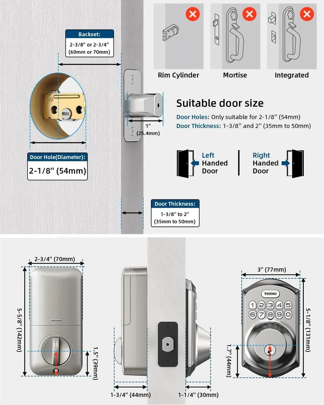 Alt view image 12 of 14 - TE001 Keyless Entry Deadbolt with Keypad for Front Door, Satin Nickel ANSI Grade 3 Security, 20 User Codes, Low Battery Alert, IP54 Waterproof, One Touch Lock, Anti-Peep Password & 2 Backup Keys