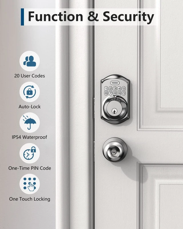 Alt view image 13 of 14 - TE001 Keyless Entry Deadbolt with Keypad for Front Door, Satin Nickel ANSI Grade 3 Security, 20 User Codes, Low Battery Alert, IP54 Waterproof, One Touch Lock, Anti-Peep Password & 2 Backup Keys