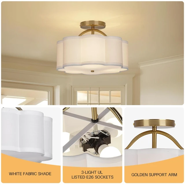 Alt view image 9 of 14 - Semi Flush Mount Ceiling Light, 11.8" Modern 3-Light Fixture with Petal-Shaped Cream White Fabric Shade and Golden Support Arm, Ideal for Bedroom, Kitchen, Living Room, Hallway, and Entryway