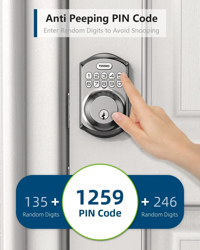 Alt view image 14 of 14 - TE001 Keyless Entry Deadbolt with Keypad for Front Door, Satin Nickel ANSI Grade 3 Security, 20 User Codes, Low Battery Alert, IP54 Waterproof, One Touch Lock, Anti-Peep Password & 2 Backup Keys