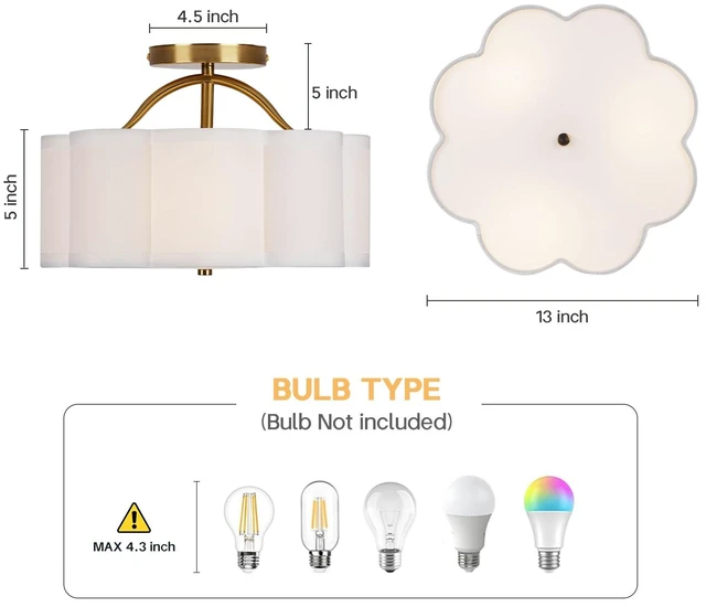 Alt view image 10 of 14 - Semi Flush Mount Ceiling Light, 11.8" Modern 3-Light Fixture with Petal-Shaped Cream White Fabric Shade and Golden Support Arm, Ideal for Bedroom, Kitchen, Living Room, Hallway, and Entryway