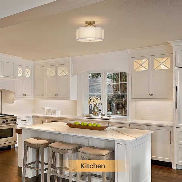 Alt view image 14 of 14 - Semi Flush Mount Ceiling Light, 11.8" Modern 3-Light Fixture with Petal-Shaped Cream White Fabric Shade and Golden Support Arm, Ideal for Bedroom, Kitchen, Living Room, Hallway, and Entryway