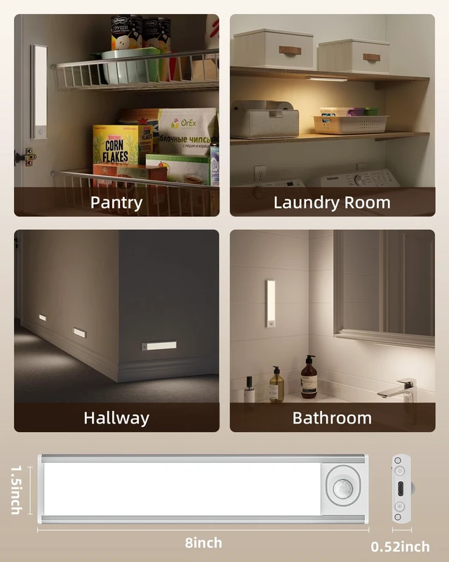 Alt view image 14 of 14 - Under Cabinet Lights, Motion Sensored Closet Lights 6-Pack, 1800mAh Rechargeable Battery, Wireless, Magnetic, 3 Color Temps, Dimmable, Kitchen, Stairs, 8in