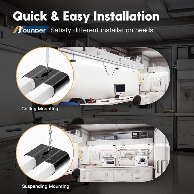 Alt view image 13 of 14 - 4Pack 4FT LED Shop Light, 65000K, 40W=250W, Linkable for Garage 4400LM, 48Inch Integrated Utility Fixture, Surface + Hanging Mount, Super Bright Shop Lights for Workshop & DIY Users, Black