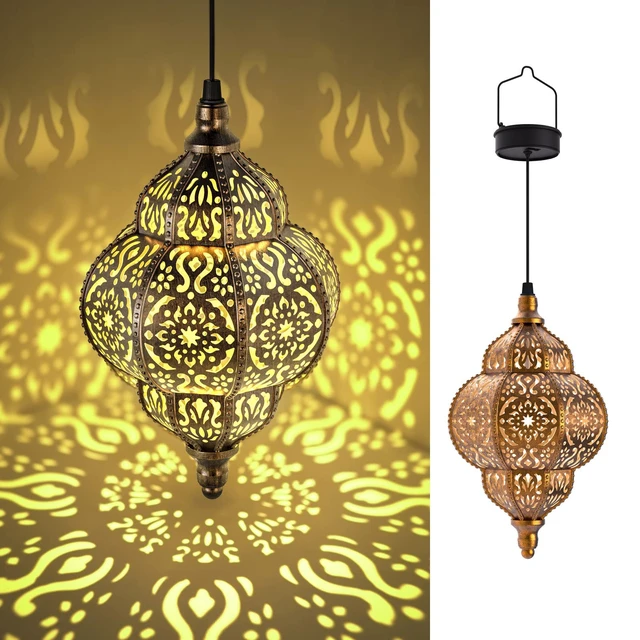 Alt view image 8 of 14 - Hanging Solar Lights Outdoor Garden Decor Solar Lantern Waterproof Plastic Moroccan Outdoor Decorations for Patio Pathway Yard Backyard Garden Decorative (2 Pack, Bronze)