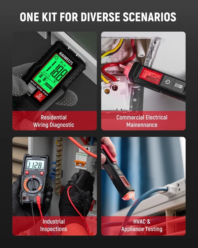 Alt view image 9 of 14 - Electrical Test Kit KIT01, Digital Multimeter, Smart Non-Contact Voltage Tester & GFCI Outlet Tester with LCD, Complete Set with Carrying Case & Batteries for Electrician, DIY & HVAC