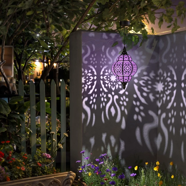 Alt view image 10 of 14 - Hanging Solar Lights Outdoor Garden Decor Solar Lantern Waterproof Plastic Moroccan Outdoor Decorations for Patio Pathway Yard Backyard Garden Decorative (2, Purple)