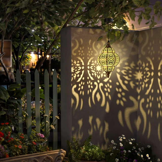Alt view image 9 of 14 - Hanging Solar Lights Outdoor Garden Decor Solar Lantern Waterproof Plastic Moroccan Outdoor Decorations for Patio Pathway Yard Backyard Garden Decorative (2 Pack, Bronze)