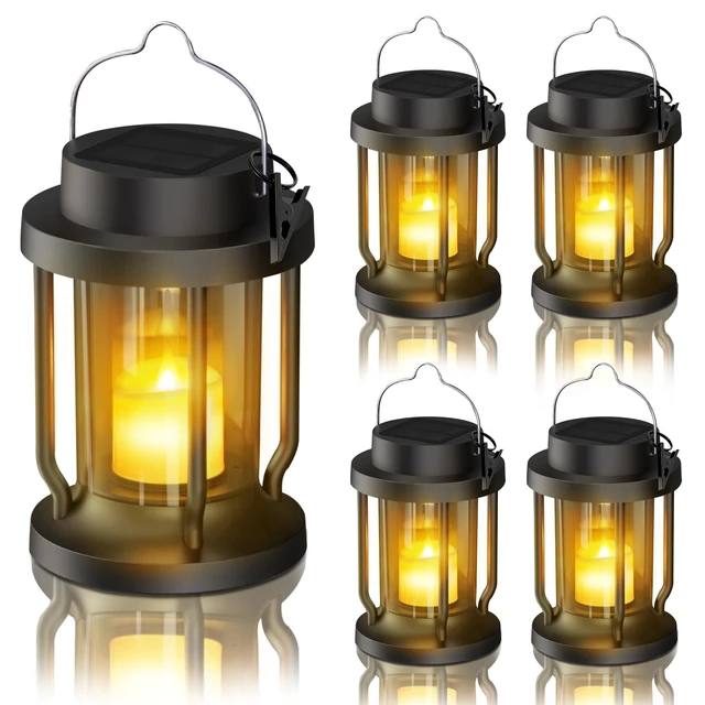 Alt view image 8 of 14 - Solar Lantern Outdoor & Indoor Use Hanging Solar Lights with Realistic Flickering Flameless Candle, Weatherproof for Gardens, Patios, Trees, and Lawns (Black, 4 Pack)