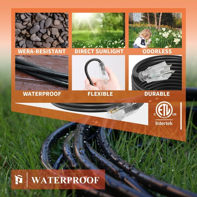 Alt view image 14 of 14 - 12 Gauge Extension Cord 50FT | Outdoor Extension Cord with Lighted End, Heavy Duty,15A 1875W SJTW, ETL Listed, Great for Garden and Home, Black