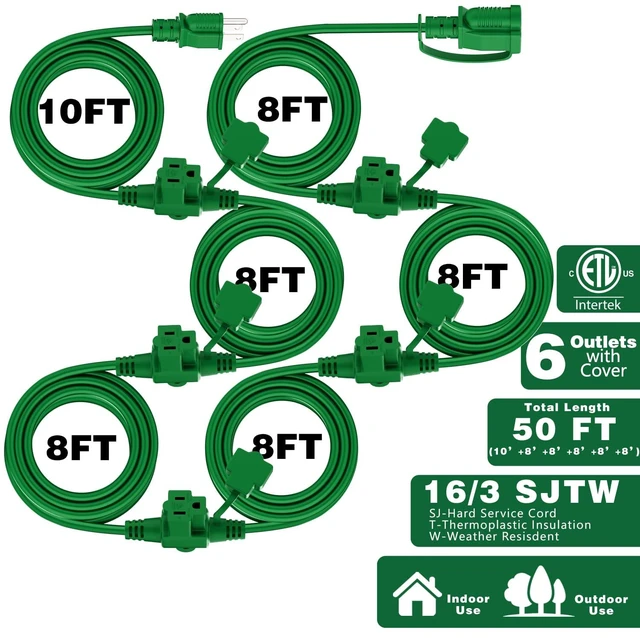 Alt view image 9 of 14 - Outdoor Extension Cord 50 FT, Evenly Spaced 6 Outlets, Green 16/3 SJTW Weatherproof Multiple Outlets Wire, For Christmas Halloween Lights Decoration, ETL Listed