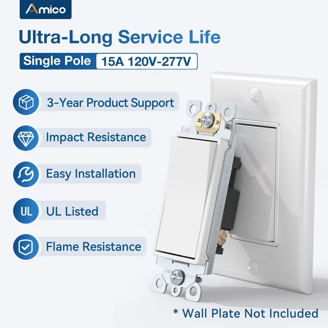 Alt view image 9 of 14 - 30 Pack Single Pole Light Switch, UL Listed, 15A 120/277V On/Off Rocker Paddle Interrupter Wall Switch, Grounding Screw, Suitable for Home and Business, No Wall Plate Included, White