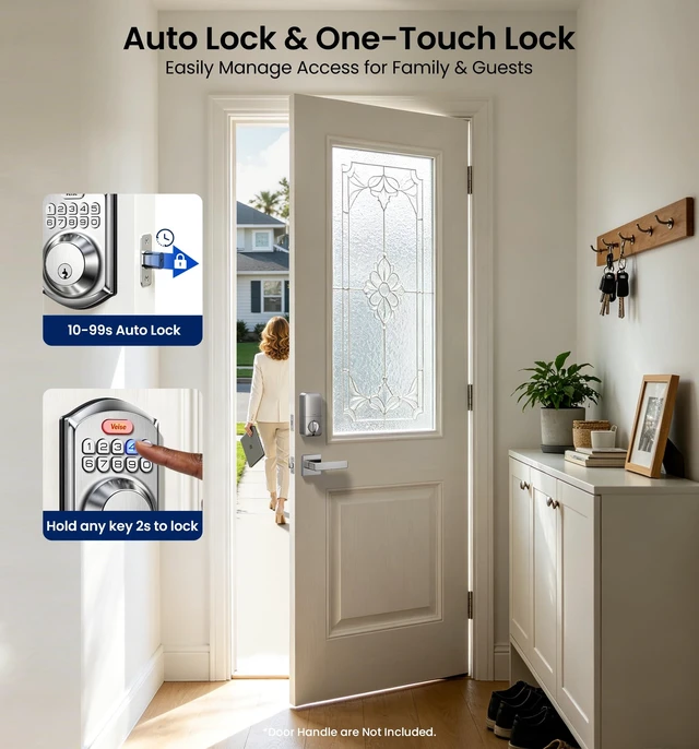 Alt view image 10 of 14 - VE001 Keyless Entry Deadbolt, Electronic Keypad Lock, Satin Nickel ANSI Grade 3 Security, 20 User Codes, Low Battery Alert, IP55 Waterproof, One Touch Lock, Anti-Peep Password & 2 Backup Keys